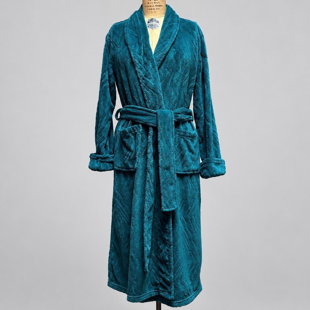 Natori Private Luxuries Plush Robe Womens M Teal Long Belted Fleece Cozy